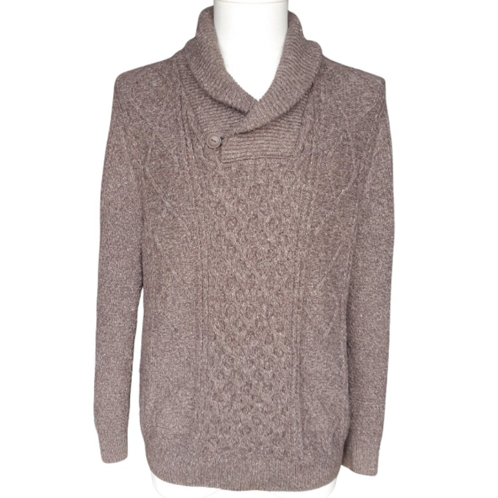 Wind River Heritage SZ M Aran Fishermen's Weave Shawl Collar Brown Sweater